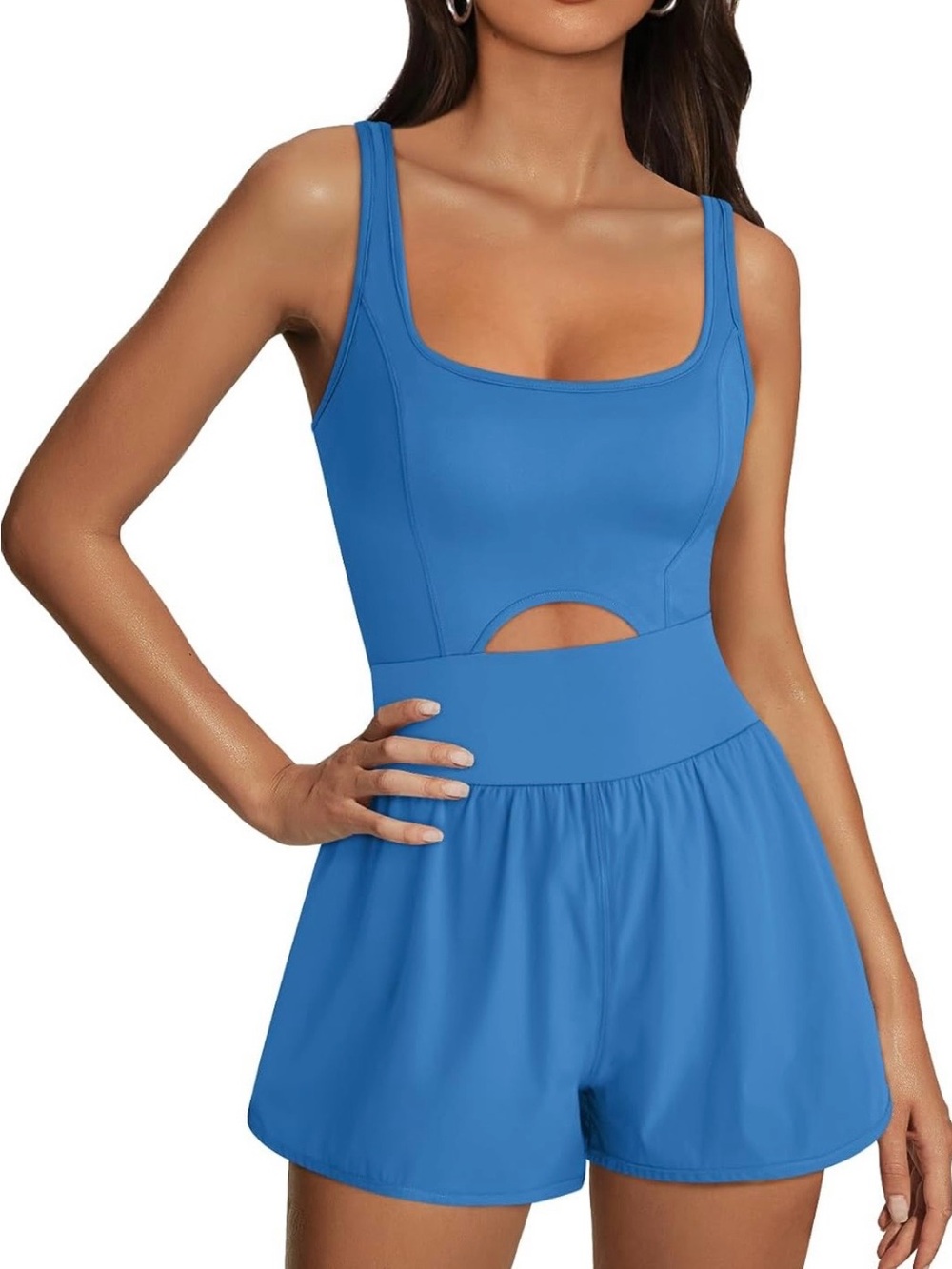 Scoop Neck Blue Cutout Romper